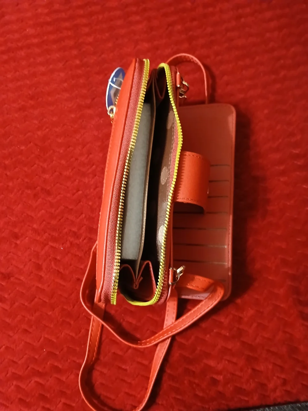 Red Pattern-Panel Crossbody Wallet with Adjustable Strap